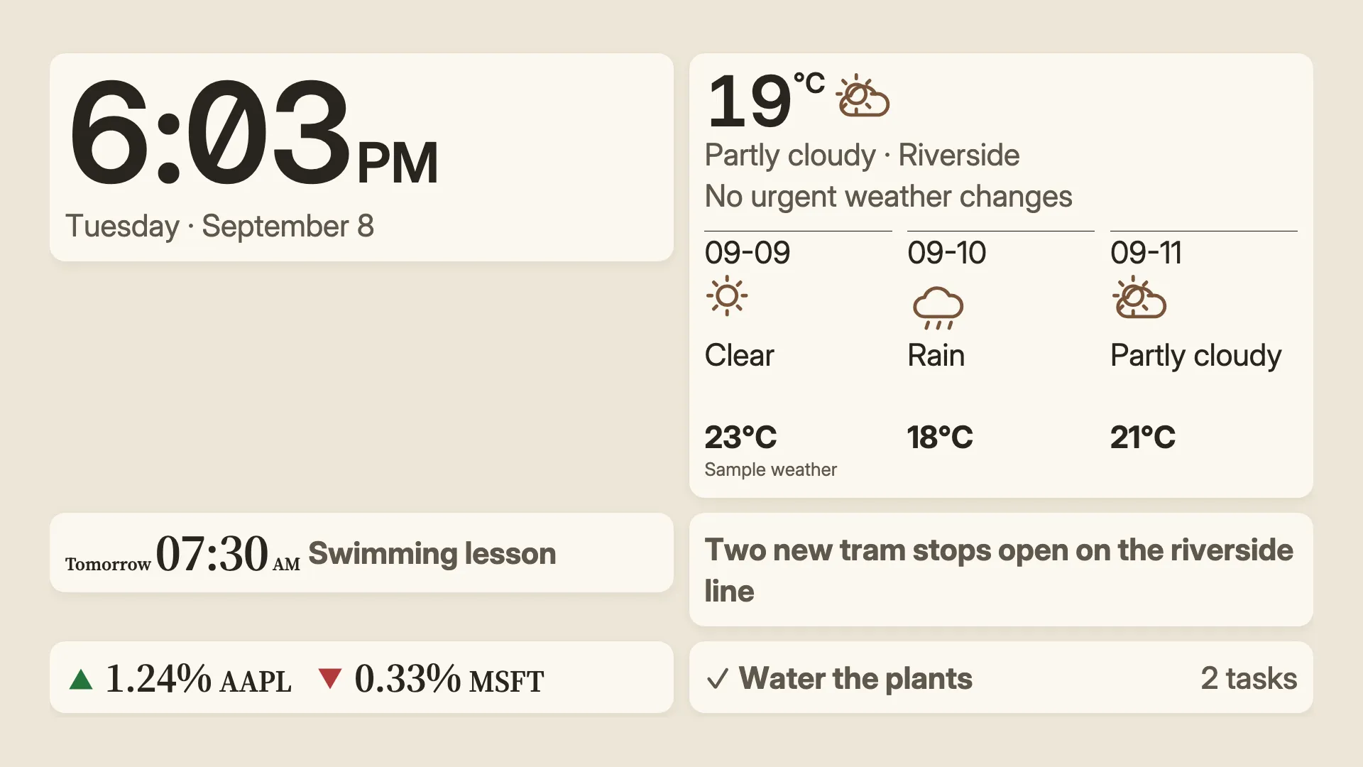 One sample dashboard -- a clock, the weather, an agenda, headlines, markets and tasks -- in the look chosen below. Rendered by Denframe with sample data.